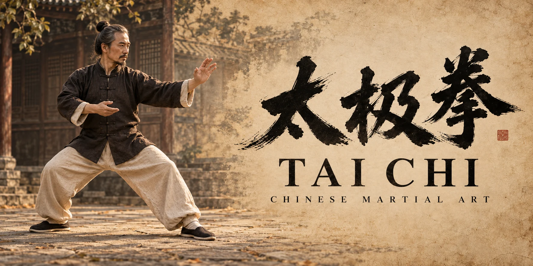 Original Tai Chi illustration with fictional practitioners, Chinese ink calligraphy and English lettering on warm paper.